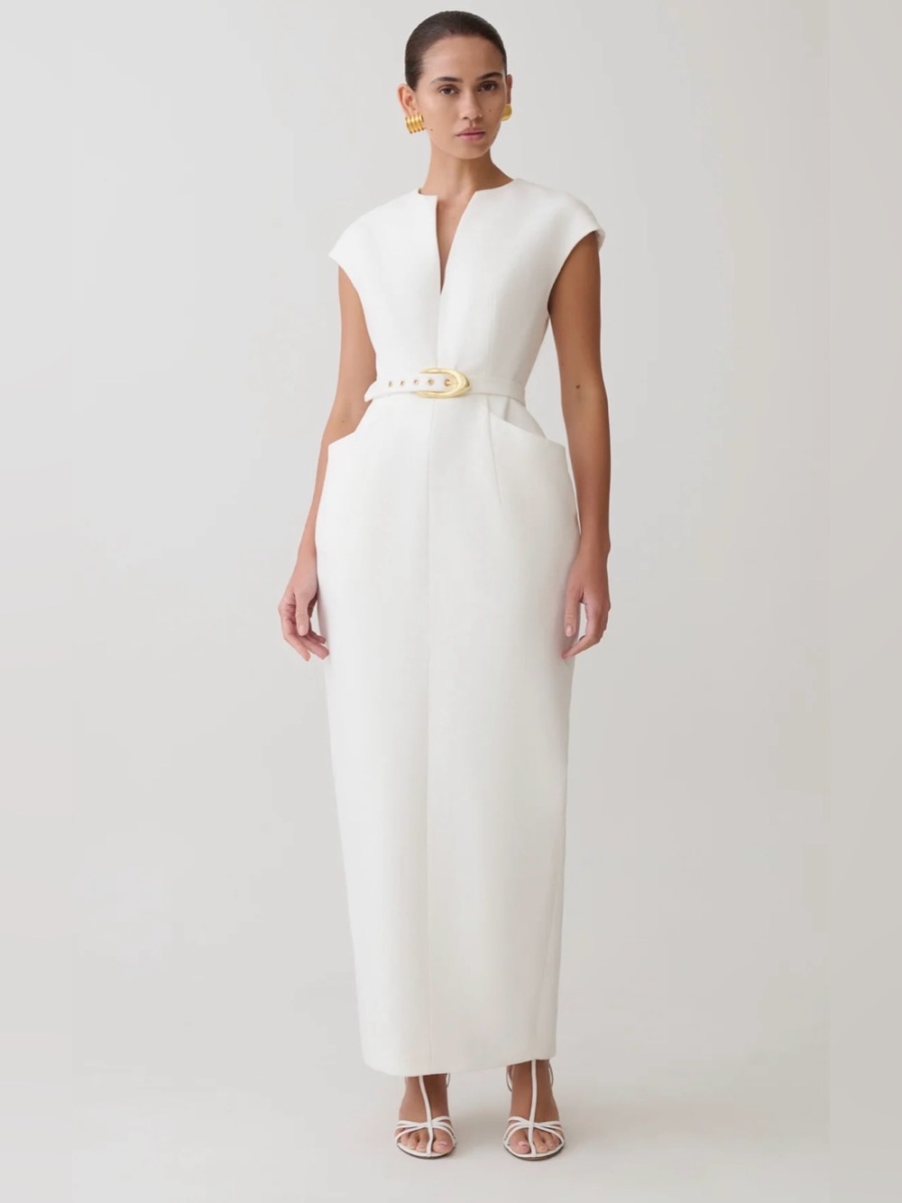 Meshki Livia dress White Midi Sheath Dress with Gold Buckle